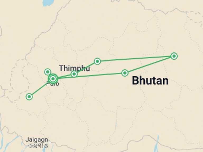 Map itinerary of Thimphu Tour in June 2026 with 5 destination visits for the trip: Bhutan, 12 Days Tour (on Request)