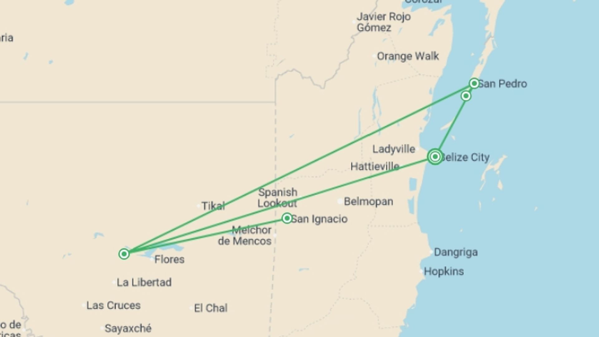A map showing the tour itinerary for the trip: Belize Discovery - 8 days, starting in Belize City, Belize and ending in Belize City, Belize going through 4 other destinations.