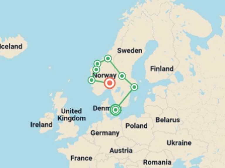 Map itinerary of Bergen Tour in August 2026 with 8 destination visits for the trip: Nordic Tour End Oslo