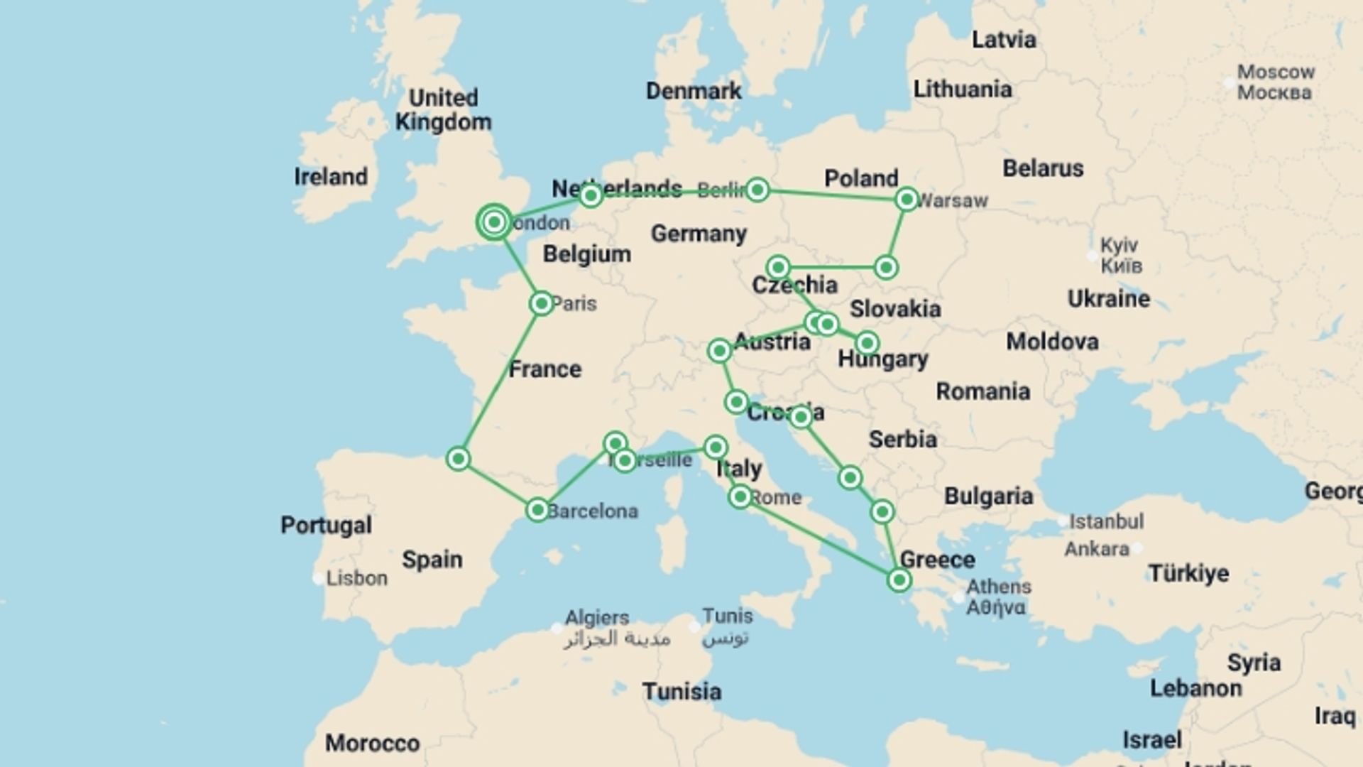 A map showing the tour itinerary for the trip: Mega European, starting in London, England and ending in London, England going through 21 other destinations.