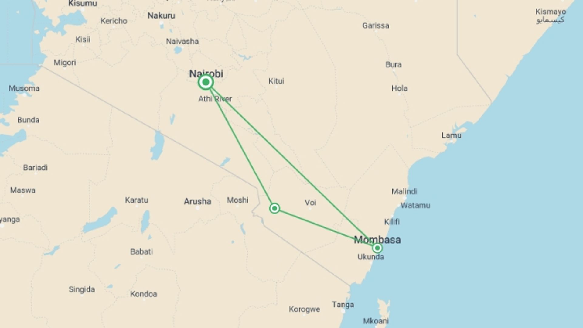 A map showing the tour itinerary for the trip: 3-Day Tsavo Safari, starting in Nairobi, Kenya and ending in Nairobi, Kenya going through 2 other destinations.