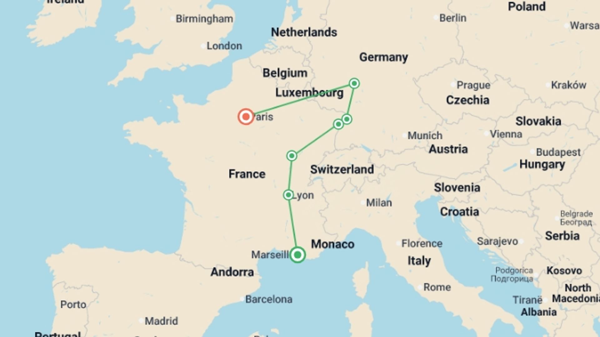 A map showing the tour itinerary for the trip: Cote d Azur, Burgundy, Alsace and Black Forest, starting in Marseille, France and ending in Paris, France going through 5 other destinations.