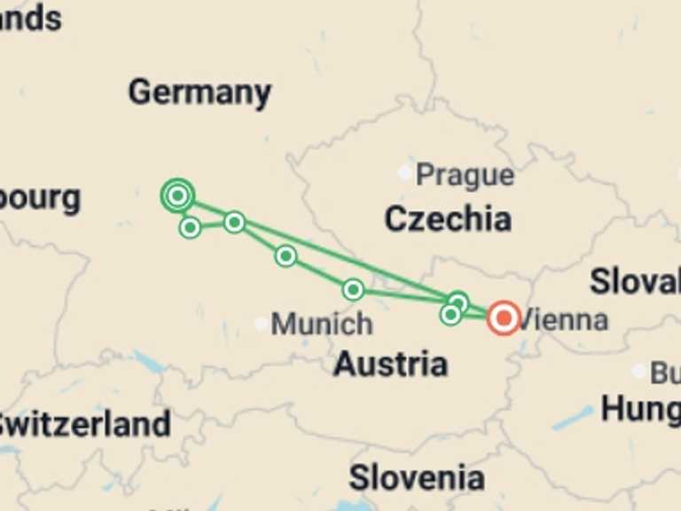 Map of a Christmas markets Tour with 6 destination visits for the trip: Christmas on the Danube featuring a 6-night Danube River Cruise