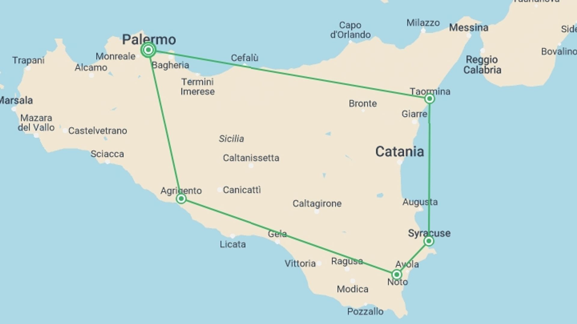A map showing the tour itinerary for the trip: Sicily Grand Tour, Self-drive, starting in Palermo, Italy and ending in Palermo, Italy going through 4 other destinations.