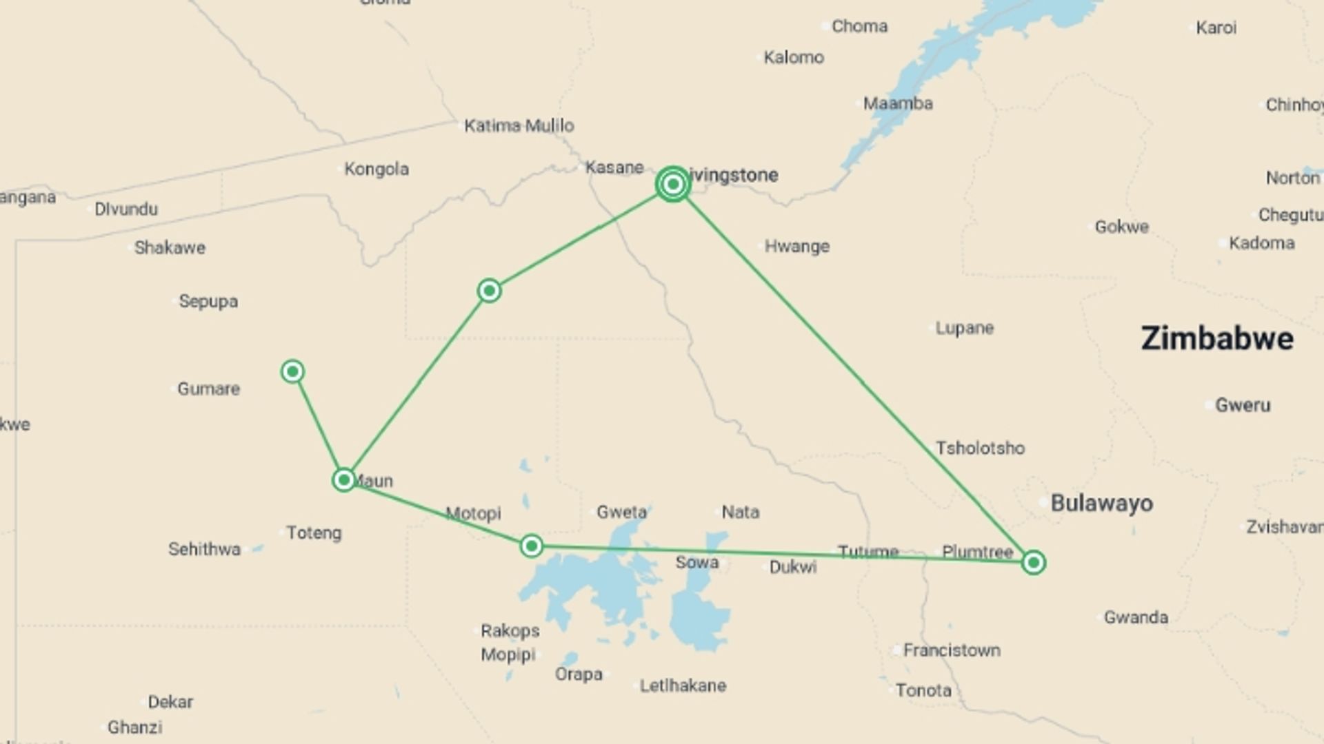 A map showing the tour itinerary for the trip: Botswana & Zimbabwe Lodge Safari, starting in Victoria Falls, Zimbabwe and ending in Victoria Falls, Zimbabwe going through 5 other destinations.