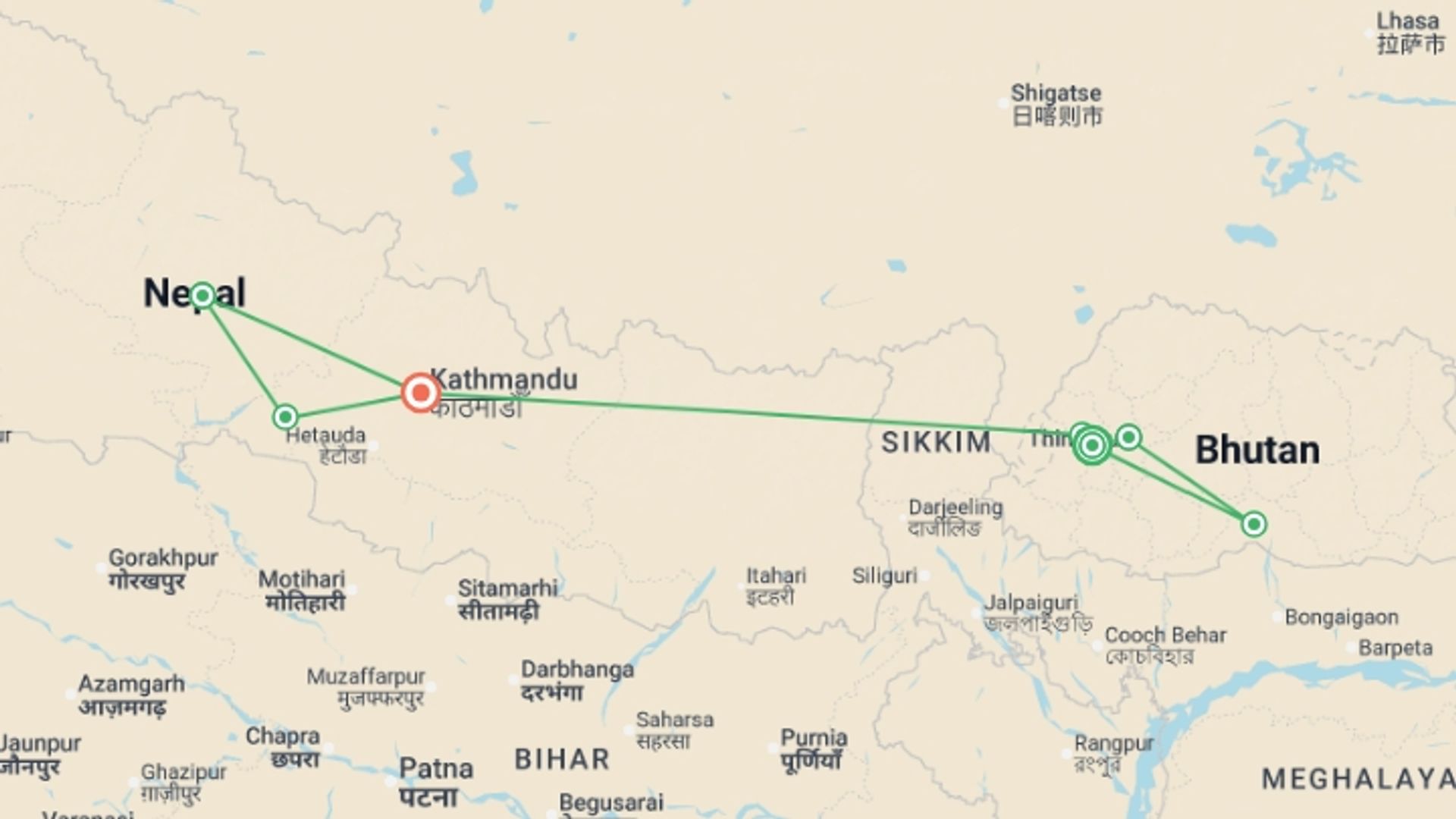 A map showing the tour itinerary for the trip: Highlights of Bhutan & Nepal - 15 Days, starting in Paro, Bhutan and ending in Kathmandu, Nepal going through 5 other destinations.