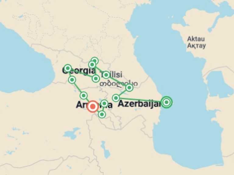 Map itinerary of Europe Tour in Fall with 13 destination visits for the trip: Azerbaijan, Georgia & Armenia Adventure