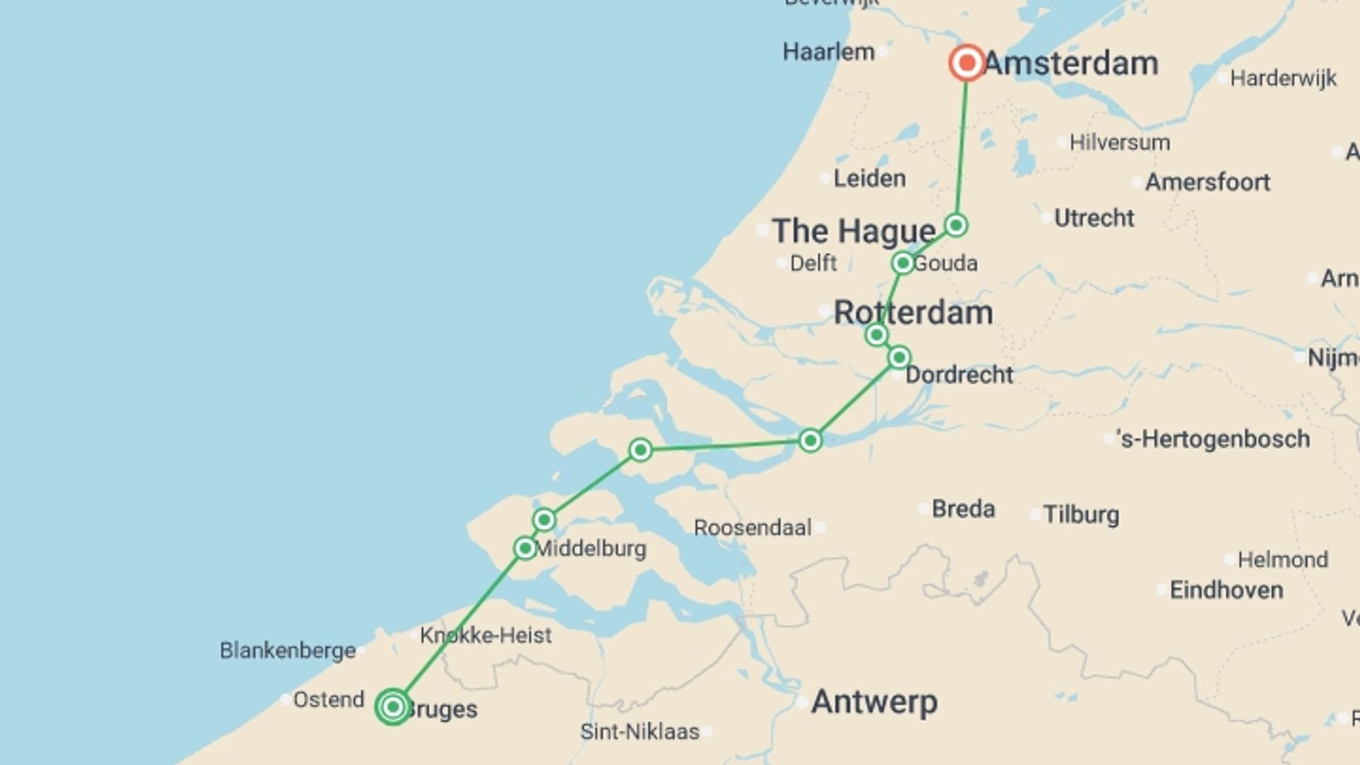 A map showing the tour itinerary for the trip: Cycle Bruges to Amsterdam, starting in Bruges, Belgium and ending in Amsterdam, Holland going through 6 other destinations.