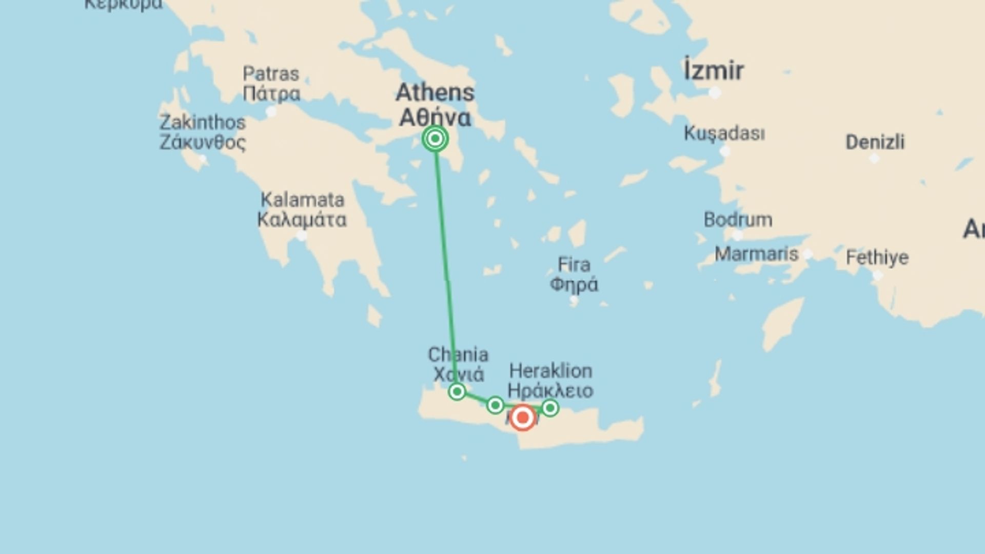 A map showing the tour itinerary for the trip: Charming Crete (All-Inclusive Semi-Private Tour), starting in Athens, Greece and ending in Crete, Greece going through 4 other destinations.