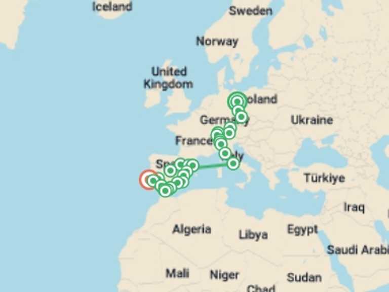 Map itinerary of Milan Tour in December 2025 with 12 destination visits for the trip: Continental Europe