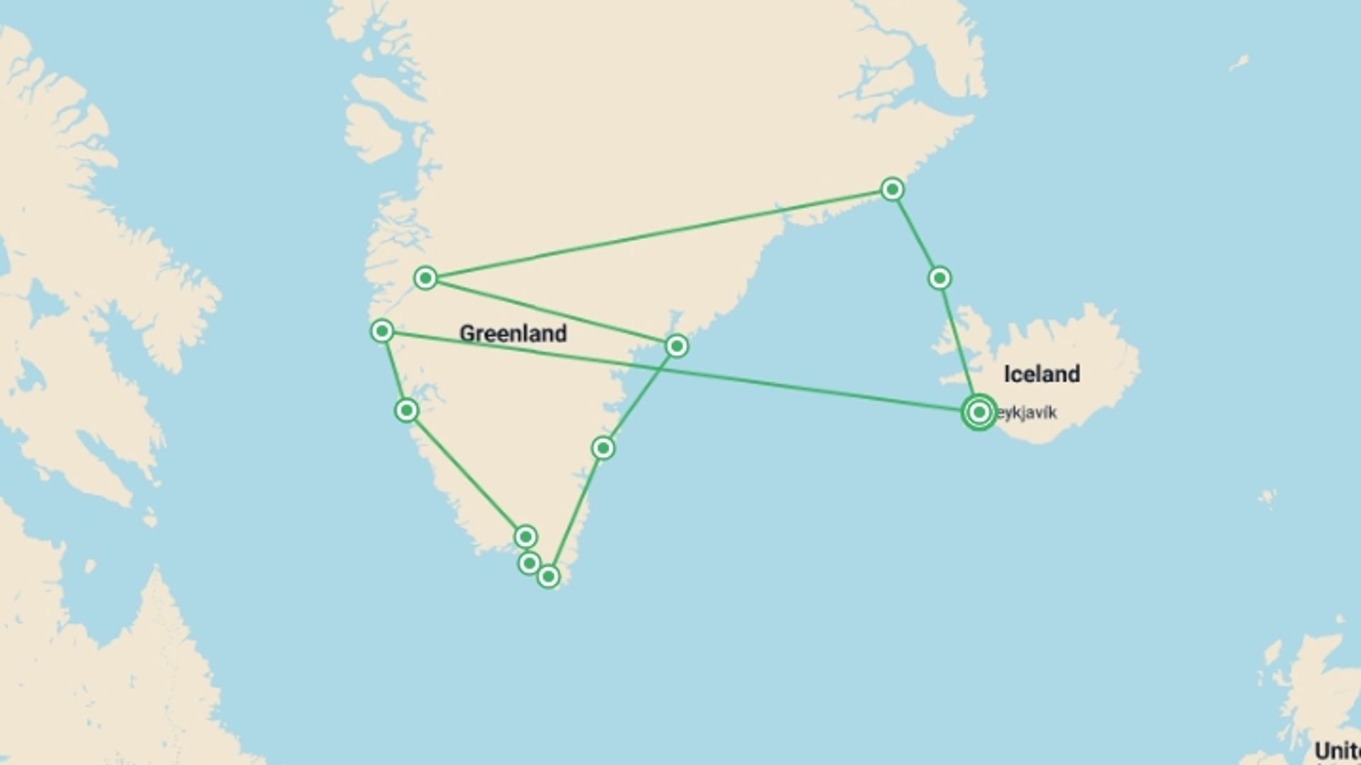 A map showing the tour itinerary for the trip: Greenland Solar Eclipse 2026 - 13 days, starting in Reykjavik, Iceland and ending in Reykjavik, Iceland going through 11 other destinations.