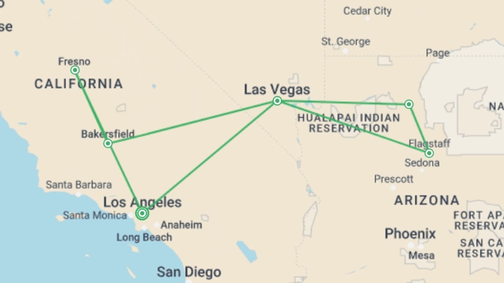 A map showing the tour itinerary for the trip: Los Angeles, Las Vegas with National Parks, starting in Los Angeles, USA and ending in Los Angeles, USA going through 4 other destinations.
