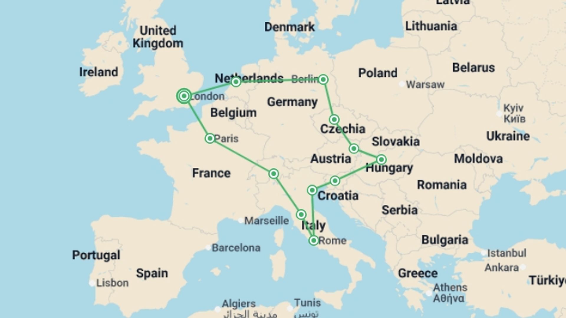 A map showing the tour itinerary for the trip: Play & Pause: Central & Eastern Europe (Winter), starting in London, England and ending in London, England going through 11 other destinations.