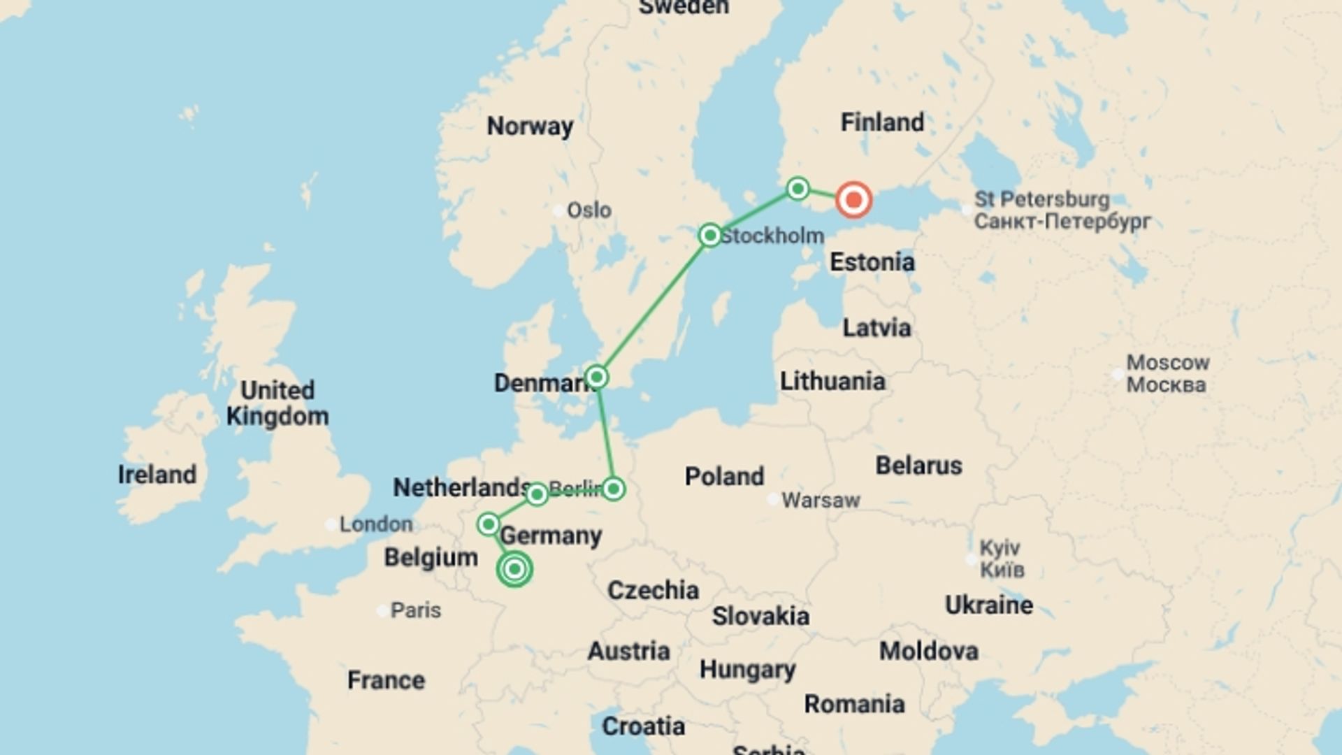 A map showing the tour itinerary for the trip: German Trek End Helsinki, starting in Frankfurt, Germany and ending in Helsinki, Finland going through 6 other destinations.