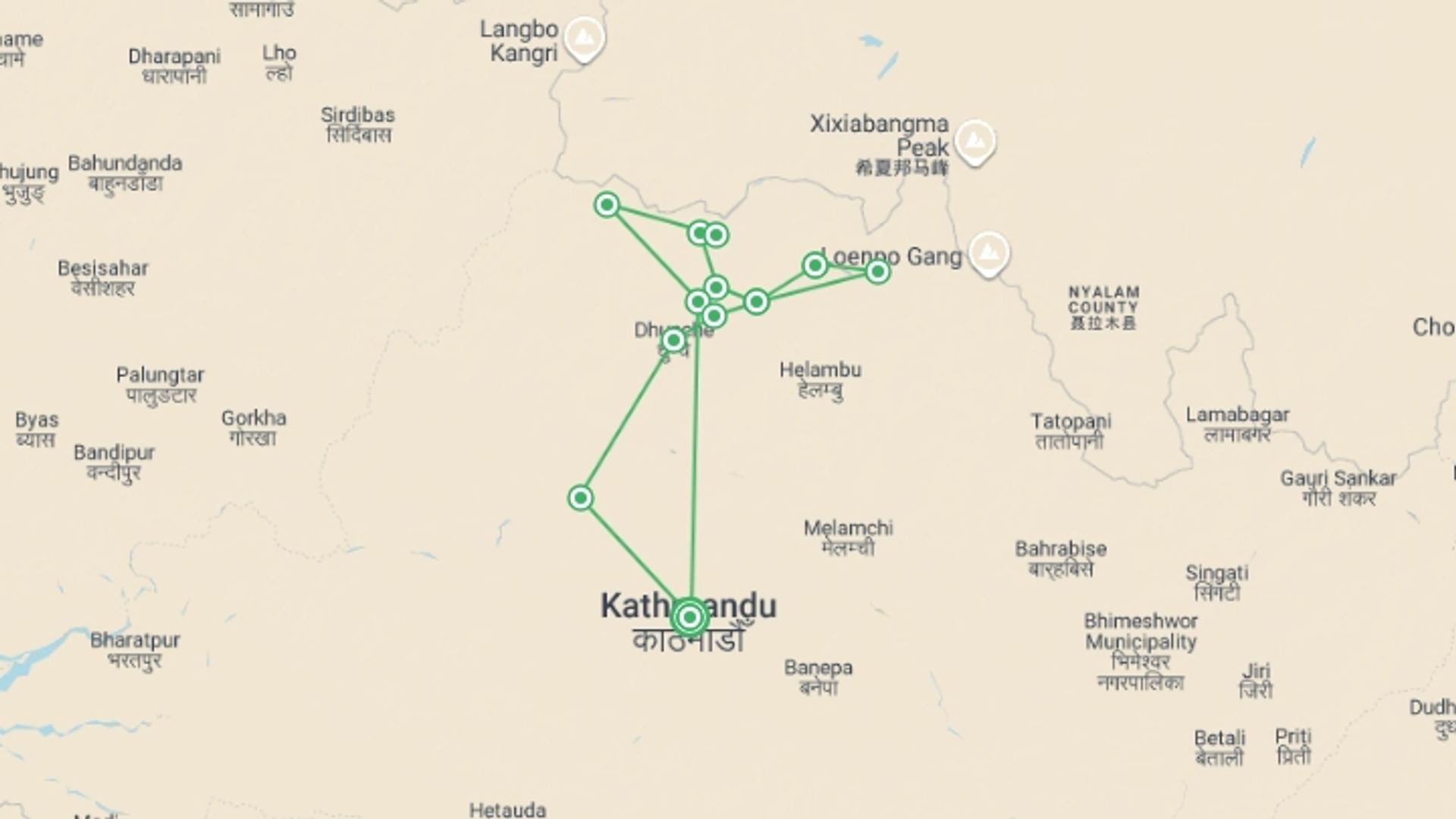 A map showing the tour itinerary for the trip: Tamang Heritage & Langtang Valley Trek, starting in Kathmandu, Nepal and ending in Kathmandu, Nepal going through 12 other destinations.
