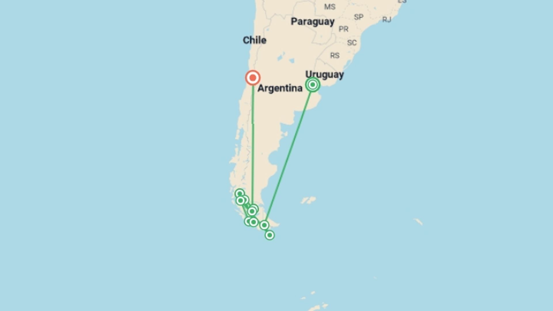 A map showing the tour itinerary for the trip: Essential Patagonia: Fjords & Torres del Paine, starting in Buenos Aires, Argentina and ending in Santiago, Chile going through 8 other destinations.
