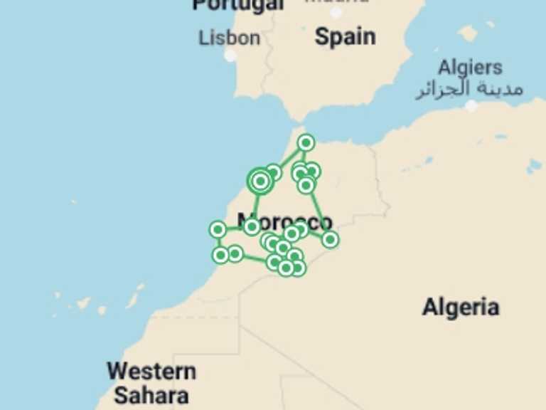 Map of 14-Day Marrakech Tour with 19 destination visits for the trip: 14-Day Authentic Morocco Tour -Grand Tour From Casablanca