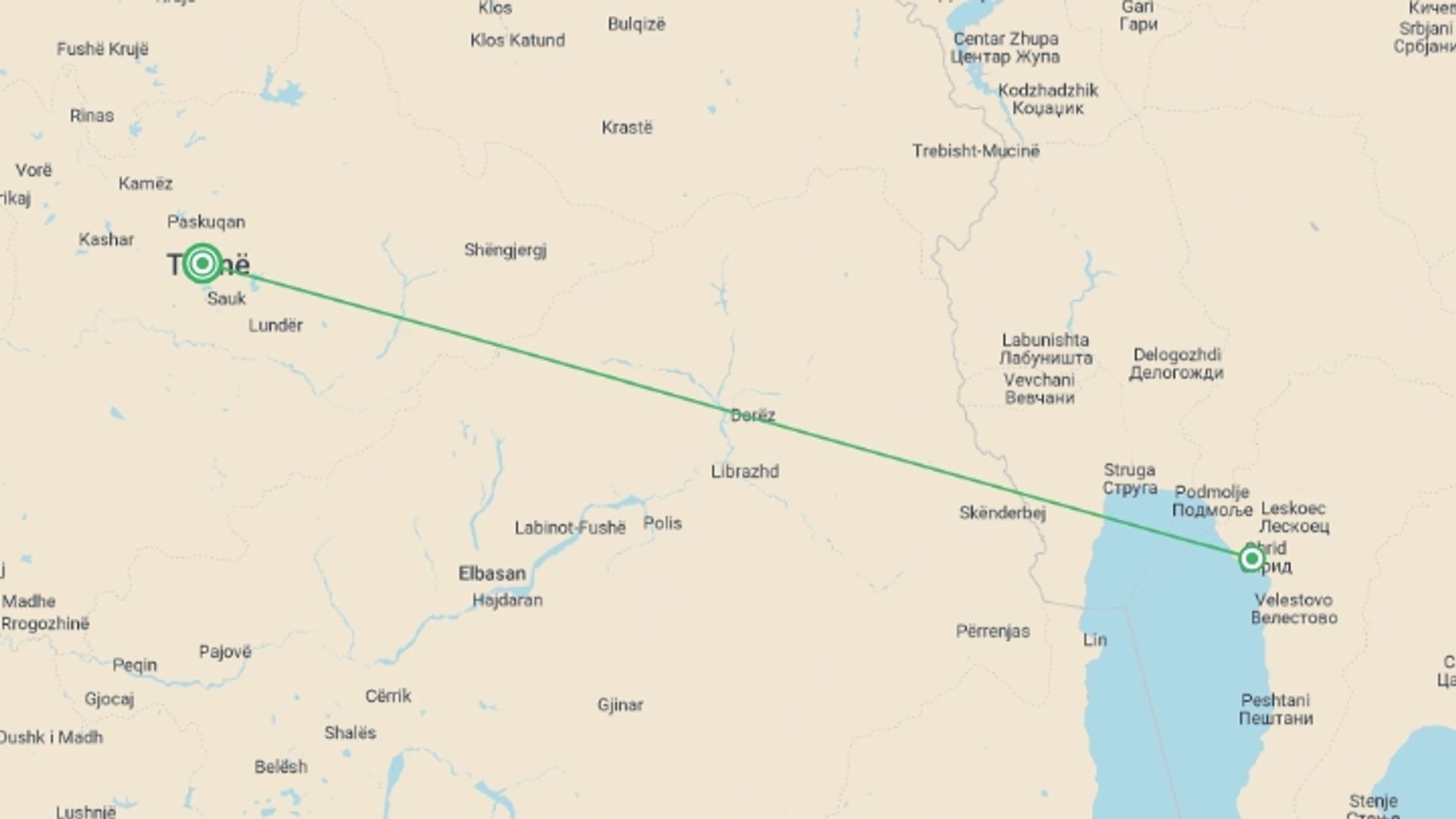 A map showing the tour itinerary for the trip: Mini Tour: Kosovo & N. Macedonia from Tirana | 4 Days , starting in Tirana, Albania and ending in Tirana, Albania going through 1 other destinations.