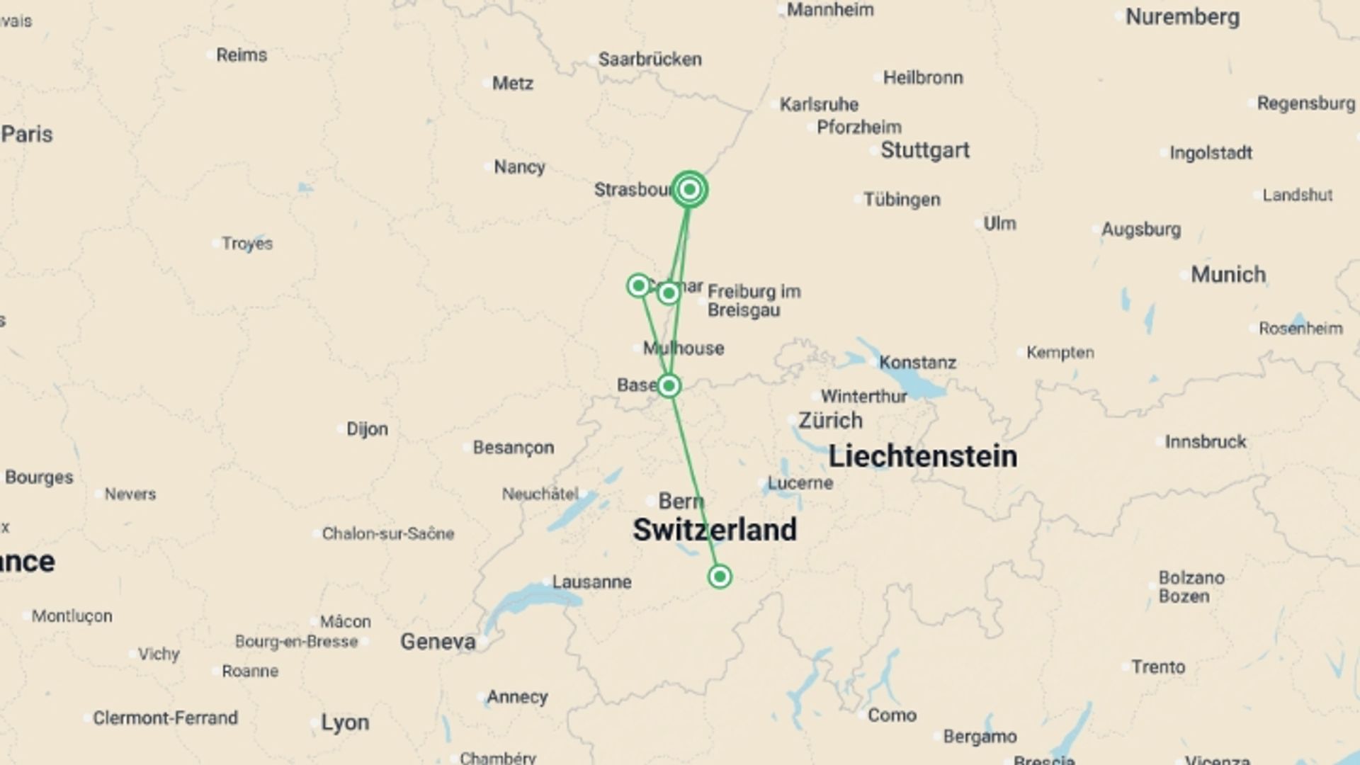 A map showing the tour itinerary for the trip: From the Heart of Alsace to Summits in the Swiss Alps (port-to-port cruise), starting in Strasbourg, France and ending in Strasbourg, France going through 2 other destinations.