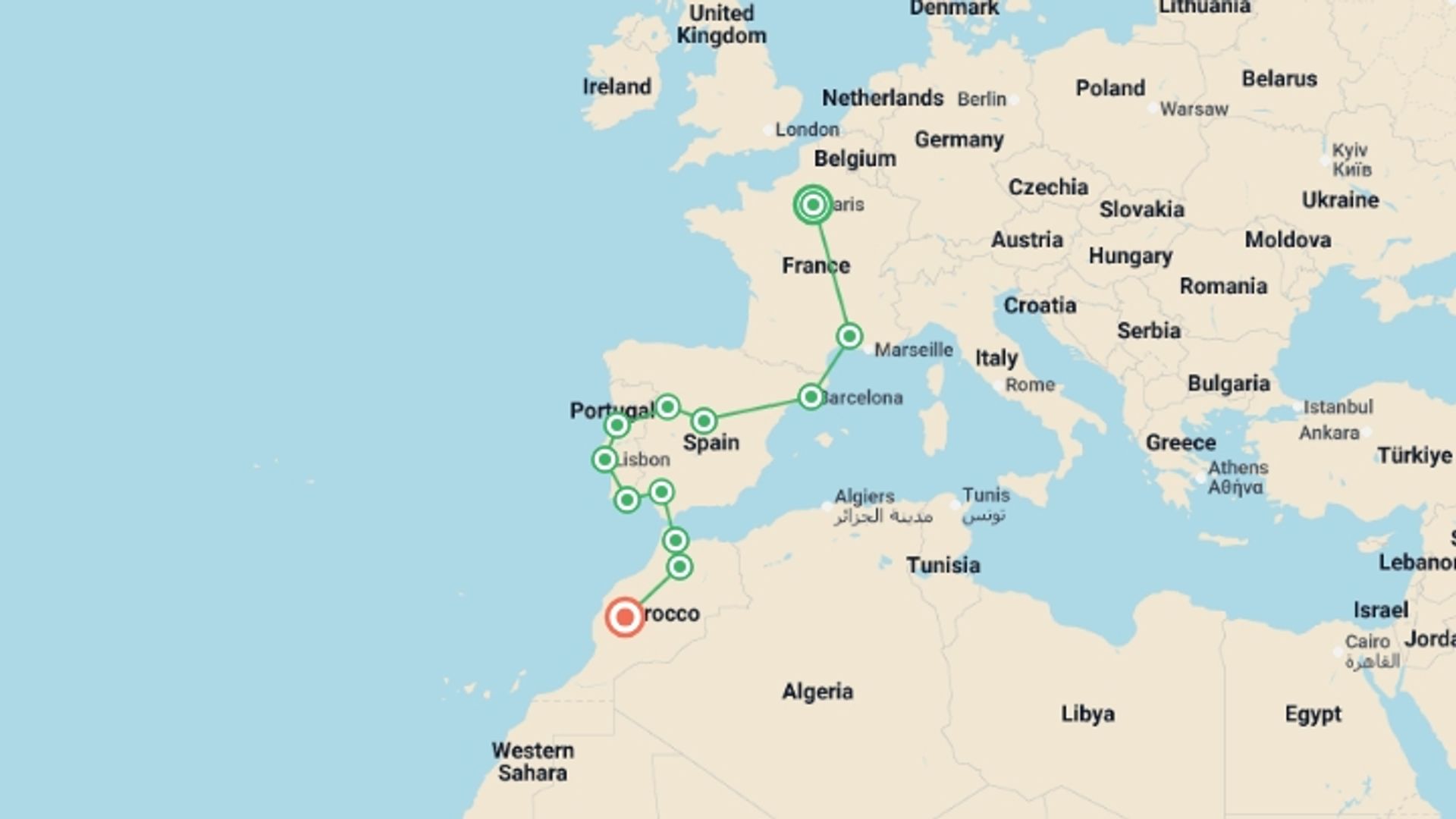 A map showing the tour itinerary for the trip: Paris to Marrakech, starting in Paris, France and ending in Marrakech, Morocco going through 8 other destinations.