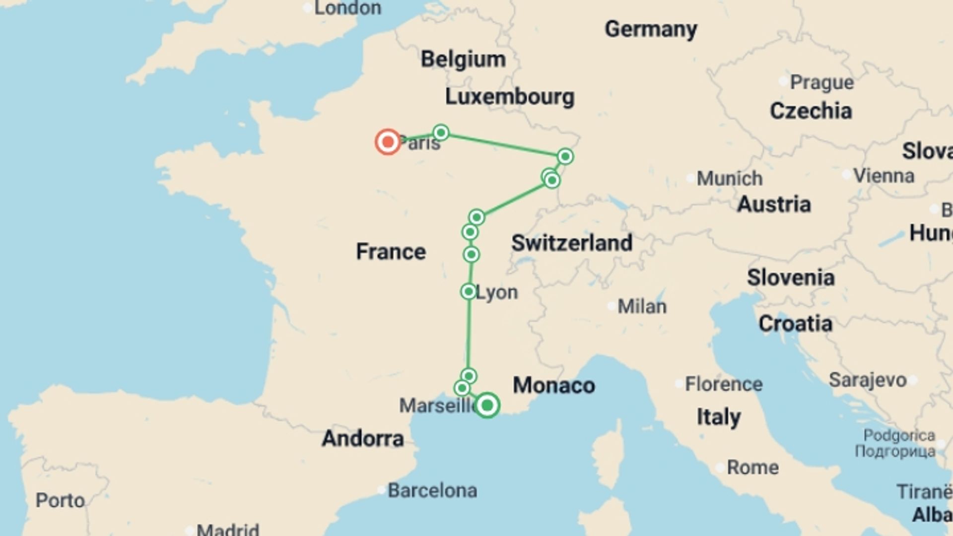 A map showing the tour itinerary for the trip: Cote d Azur, Burgundy and Alsace, starting in Marseille, France and ending in Paris, France going through 3 other destinations.