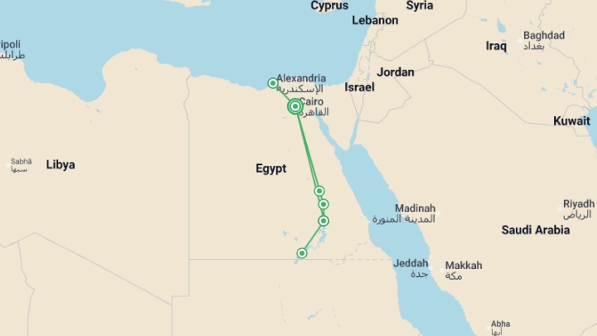 A map showing the tour itinerary for the trip: Premium Egypt in Depth, starting in Cairo, Egypt and ending in Cairo, Egypt going through 5 other destinations.