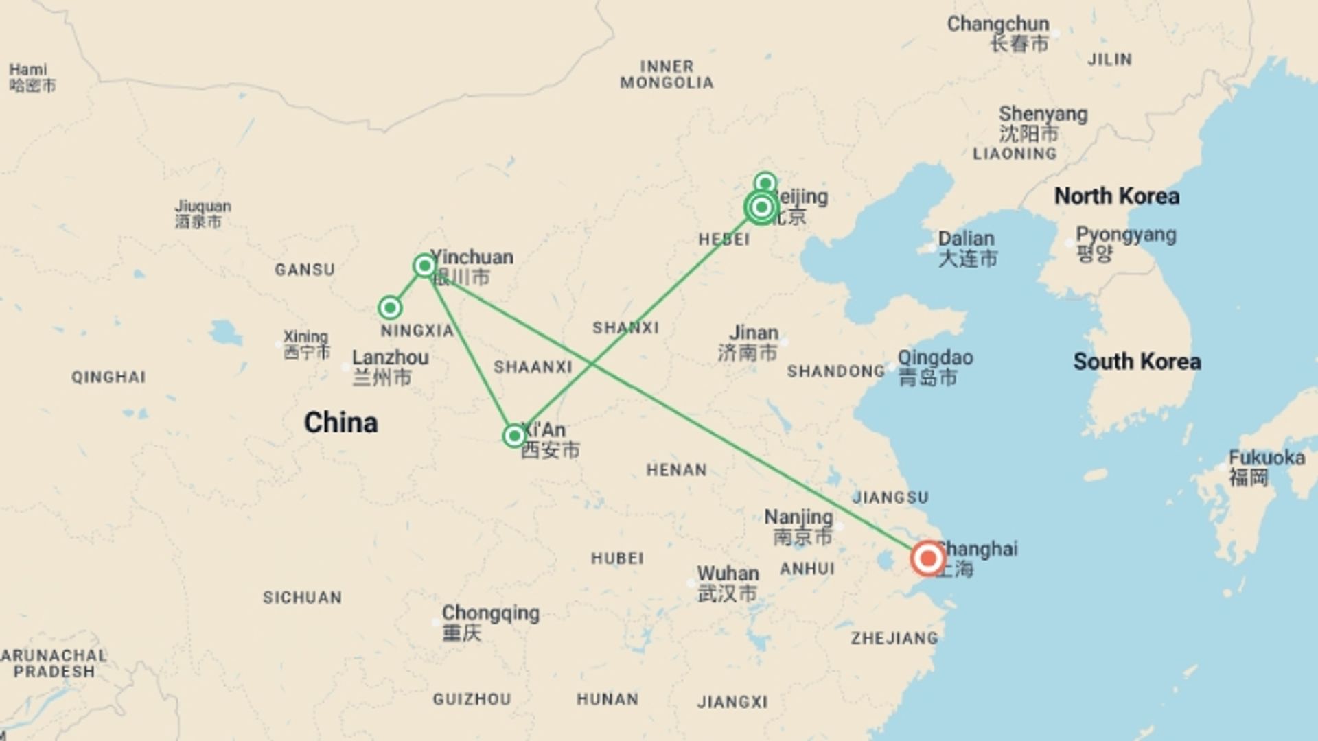 A map showing the tour itinerary for the trip: Mysteries of China (4-5 Star) - 12 days, starting in Beijing, China and ending in Shanghai, China going through 3 other destinations.