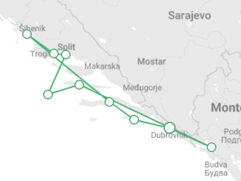 Map of Split Cruise Tour with 6 destination visits for the trip: Hiking Cruise in Croatia and Montenegro (port-to-port cruise)
