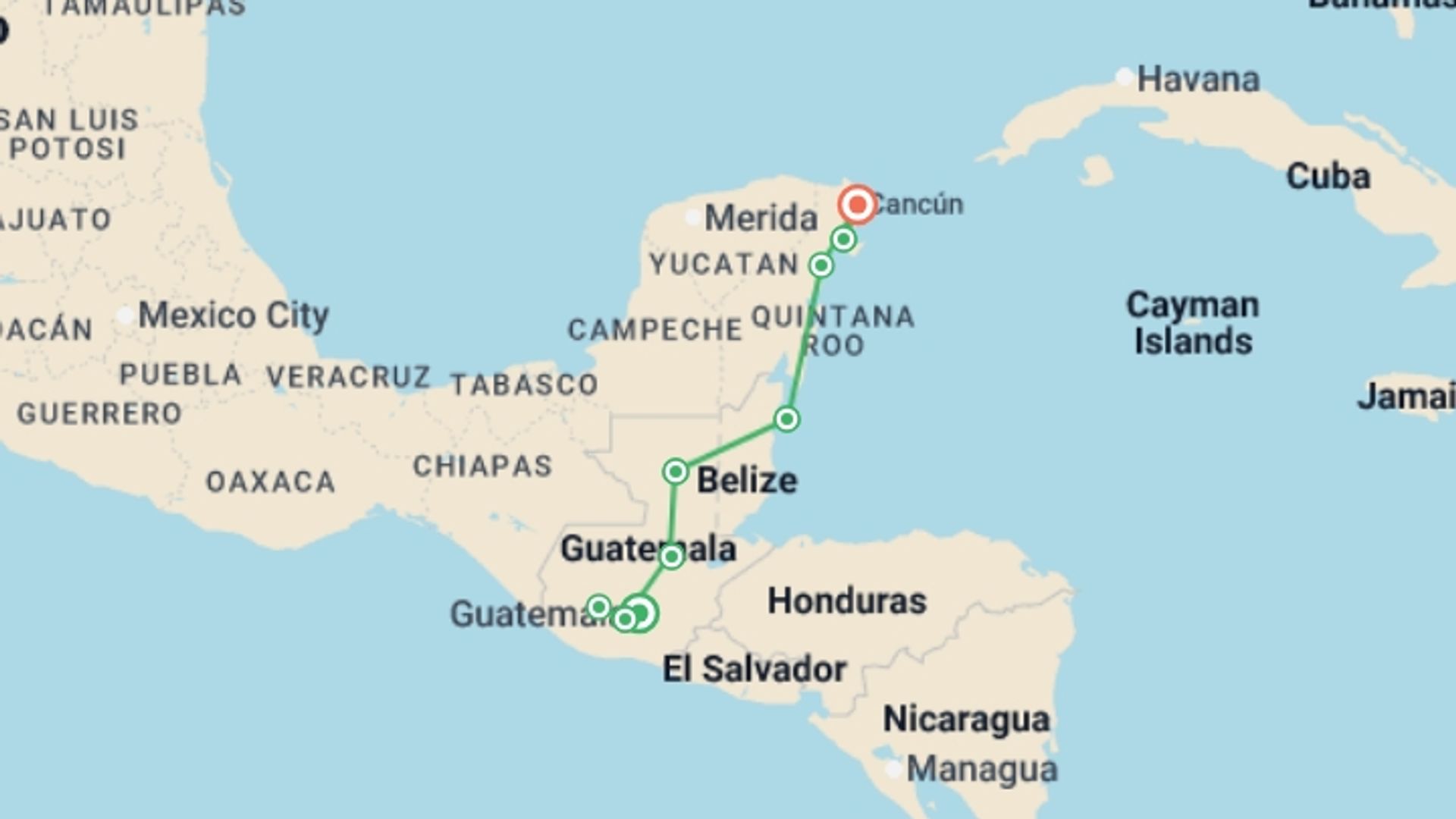 A map showing the tour itinerary for the trip: Guatemala, Belize & Mexico Adventure 14D/13N (from Guatemala City), starting in Guatemala City, Guatemala and ending in Cancún, Mexico going through 7 other destinations.