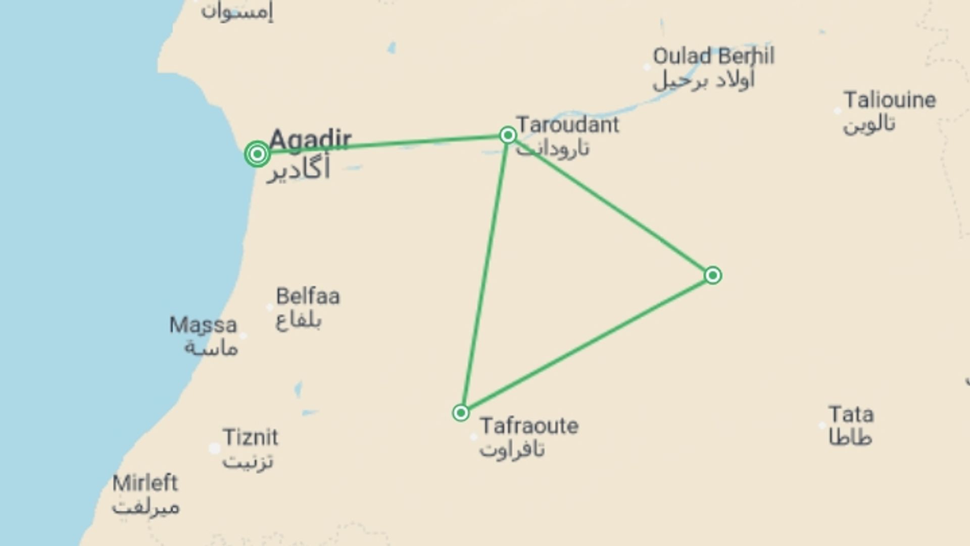 A map showing the tour itinerary for the trip: Hike Morocco's Anti-Atlas Mountains, starting in Agadir, Morocco and ending in Agadir, Morocco going through 4 other destinations.