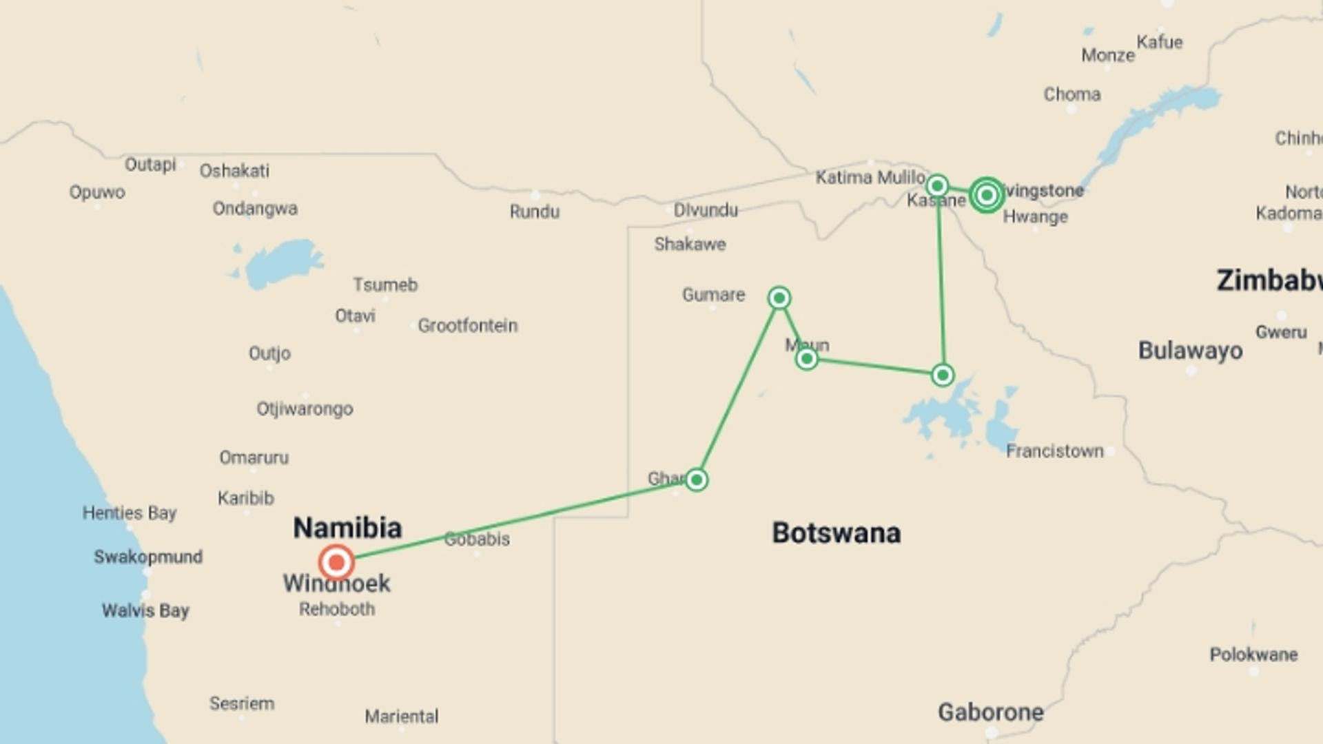 A map showing the tour itinerary for the trip: Victoria Falls to Windhoek Overland Safari & Participation Camping, starting in Victoria Falls, Zimbabwe and ending in Windhoek, Namibia going through 5 other destinations.