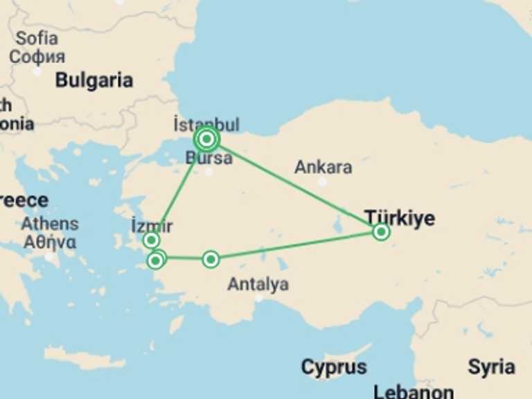 Map of Turkey Tour with 4 destination visits for the trip: Highlights of Turkey (5 Star Hotels)