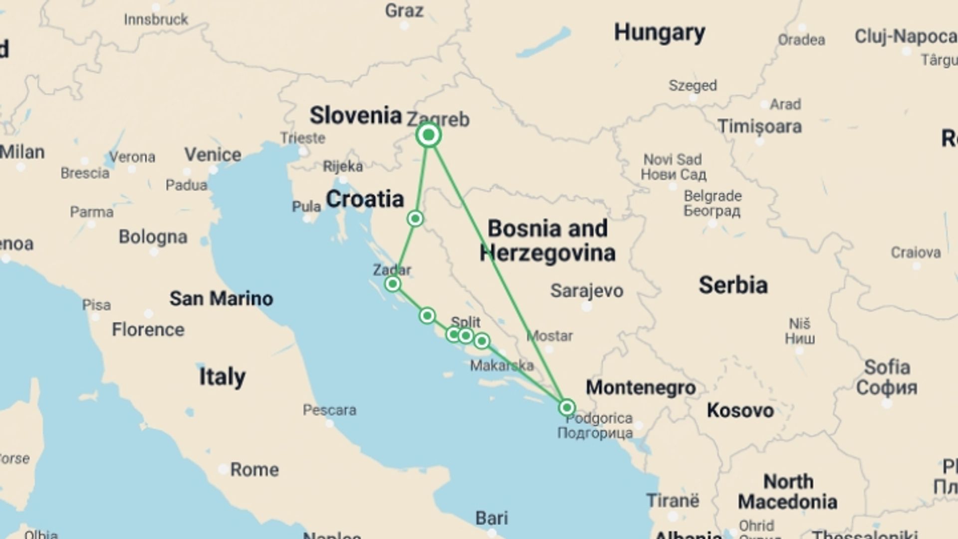 A map showing the tour itinerary for the trip: Croatia Express, Self-drive, starting in Zagreb, Croatia and ending in Zagreb, Croatia going through 3 other destinations.