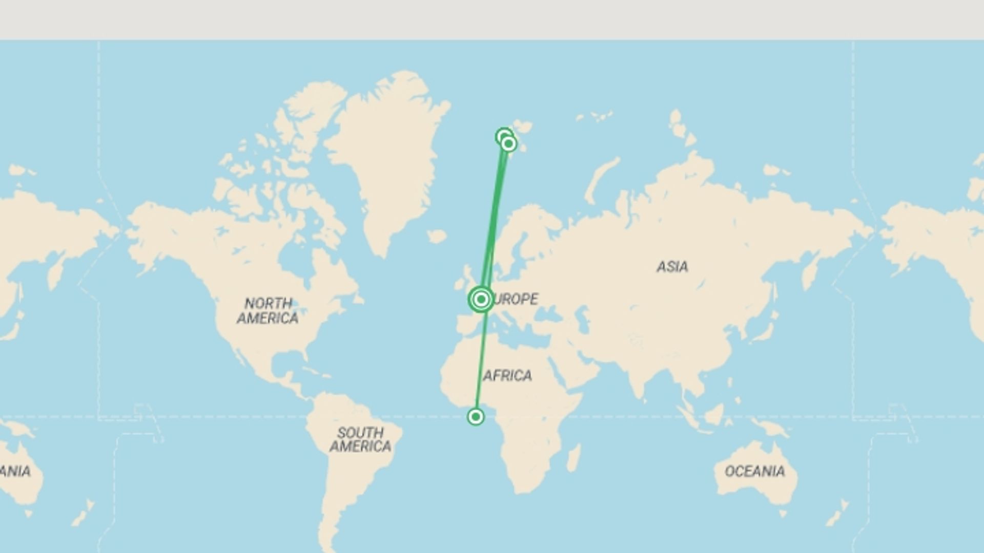 A map showing the tour itinerary for the trip: Journey to the Geographical North Pole - Le Commandant Charcot, starting in Paris, France and ending in Paris, France going through 3 other destinations.