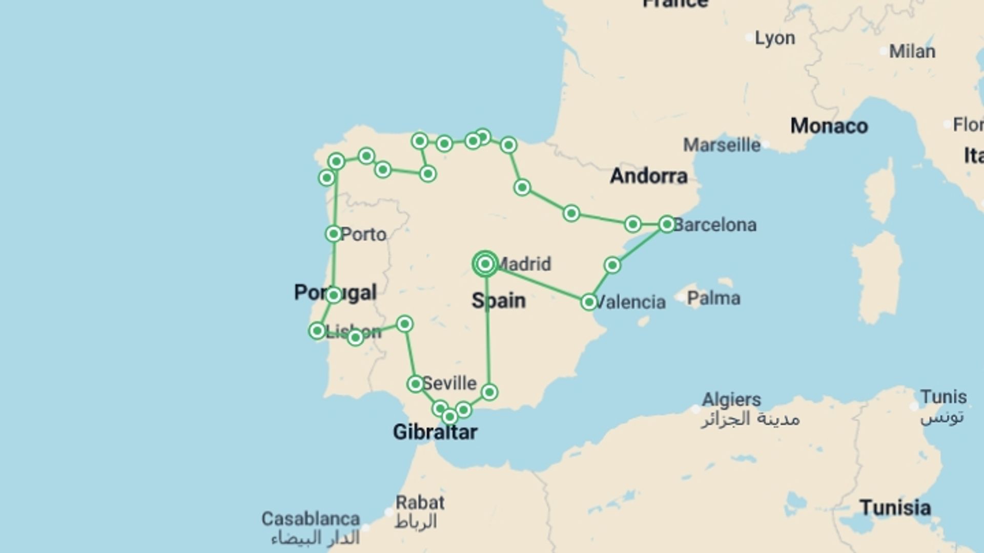 A map showing the tour itinerary for the trip: The Best of Spain and Portugal, starting in Madrid, Spain and ending in Madrid, Spain going through 9 other destinations.