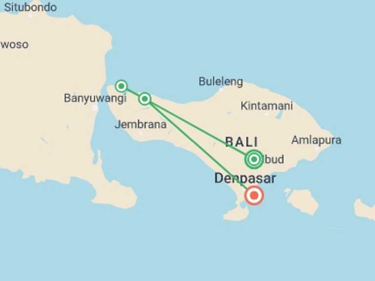 Map of Indonesia Tour with 3 destination visits for the trip: Wellness Bali
