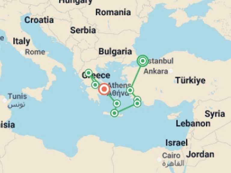 Map itinerary of Athens Tour in March 2026 with 7 destination visits for the trip: Greco-Turkish passion with Greek islands and northern Greece