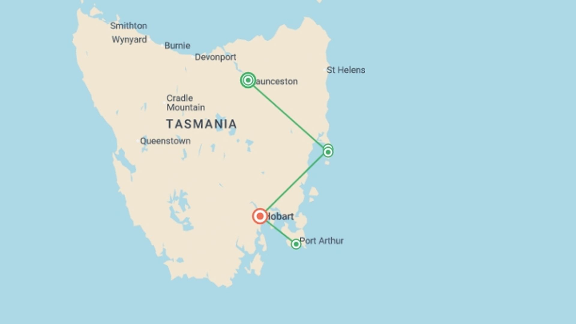 A map showing the tour itinerary for the trip: Tassie Getaway, starting in Launceston, Australia and ending in Hobart, Australia going through 3 other destinations.