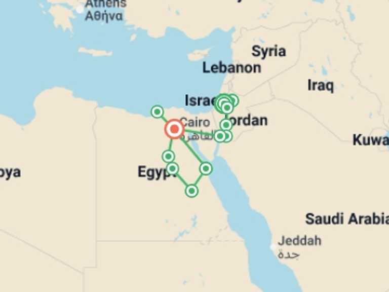 Map of Mediterranean Tour with 12 destination visits for the trip: All Jerusalem, Jordan and Egypt by land