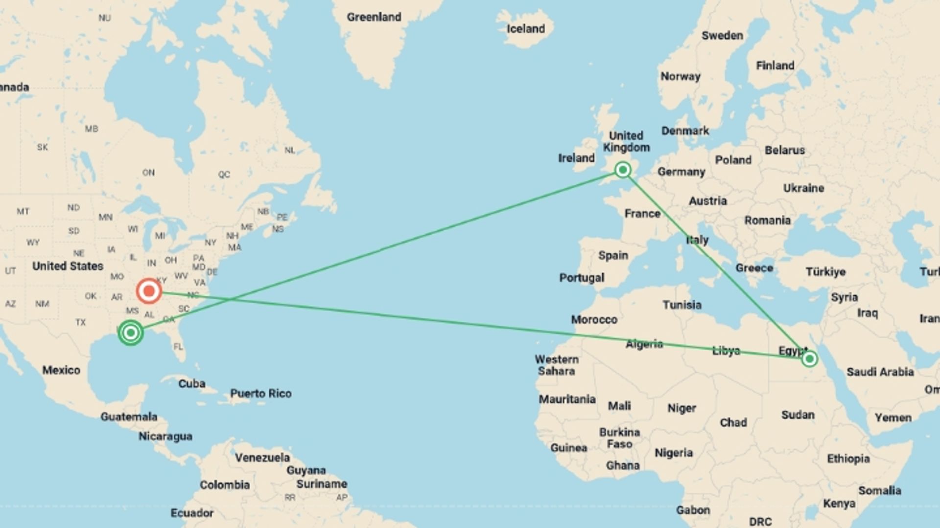 A map showing the tour itinerary for the trip: America's Music Cities Holiday featuring New Orleans, Memphis & Nashville, starting in New Orleans, USA and ending in Nashville, USA going through 2 other destinations.