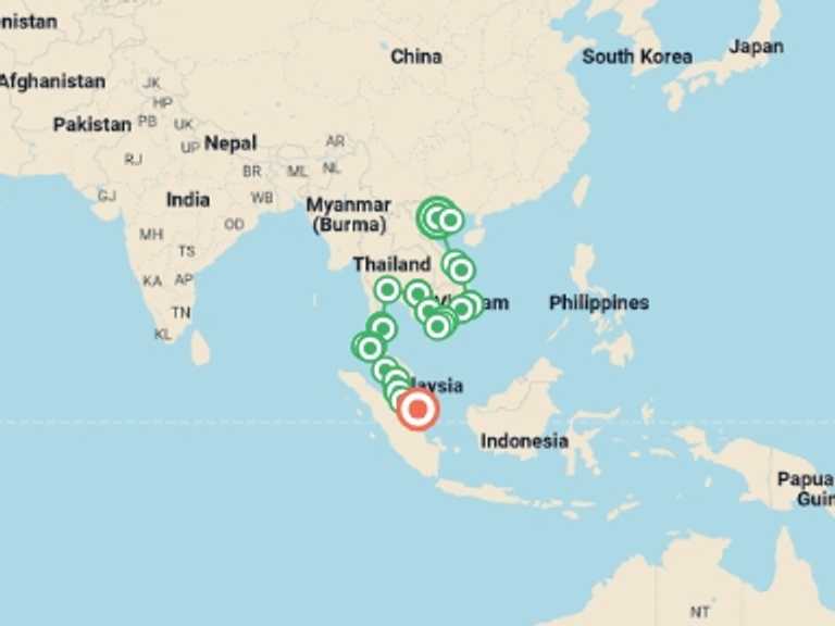 Map of a City sightseeing Tour with 21 destination visits for the trip: Hanoi to Singapore Travel Pass