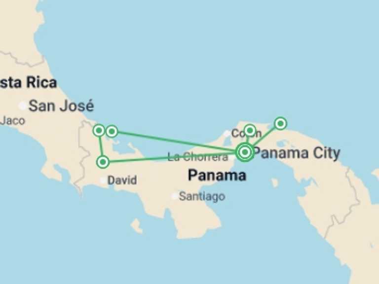 Map of a Cultural, religious and historic sites Tour with 5 destination visits for the trip: Best of Panama