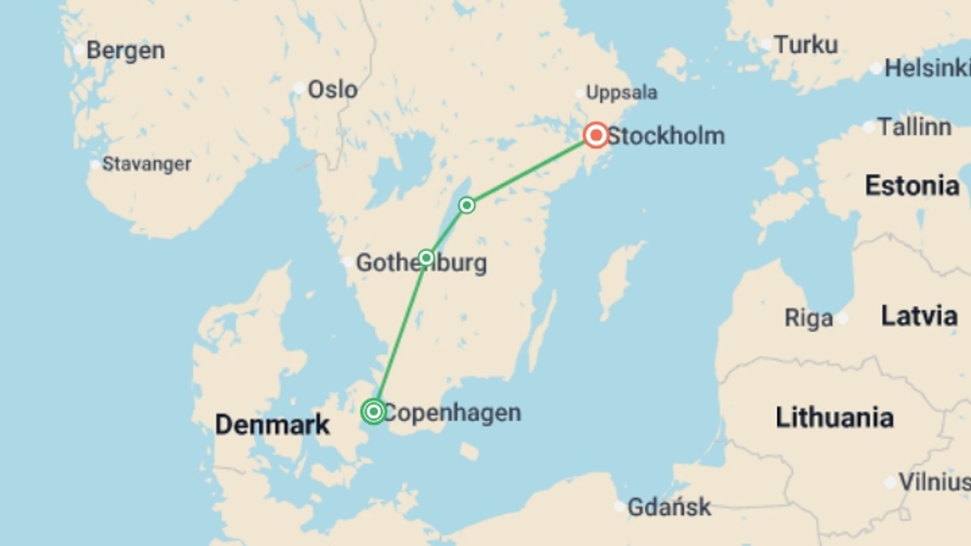 A map showing the tour itinerary for the trip: Jewels of Scandinavia, starting in Copenhagen, Denmark and ending in Stockholm, Sweden going through 0 other destinations.