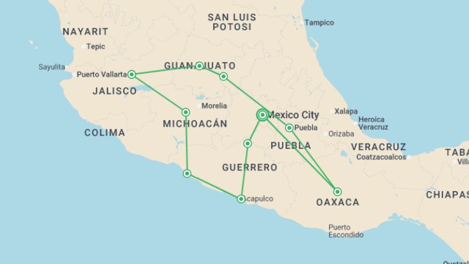 A map showing the tour itinerary for the trip: Mexican Getaway with Acapulco, starting in Mexico City, Mexico and ending in Mexico City, Mexico going through 9 other destinations.