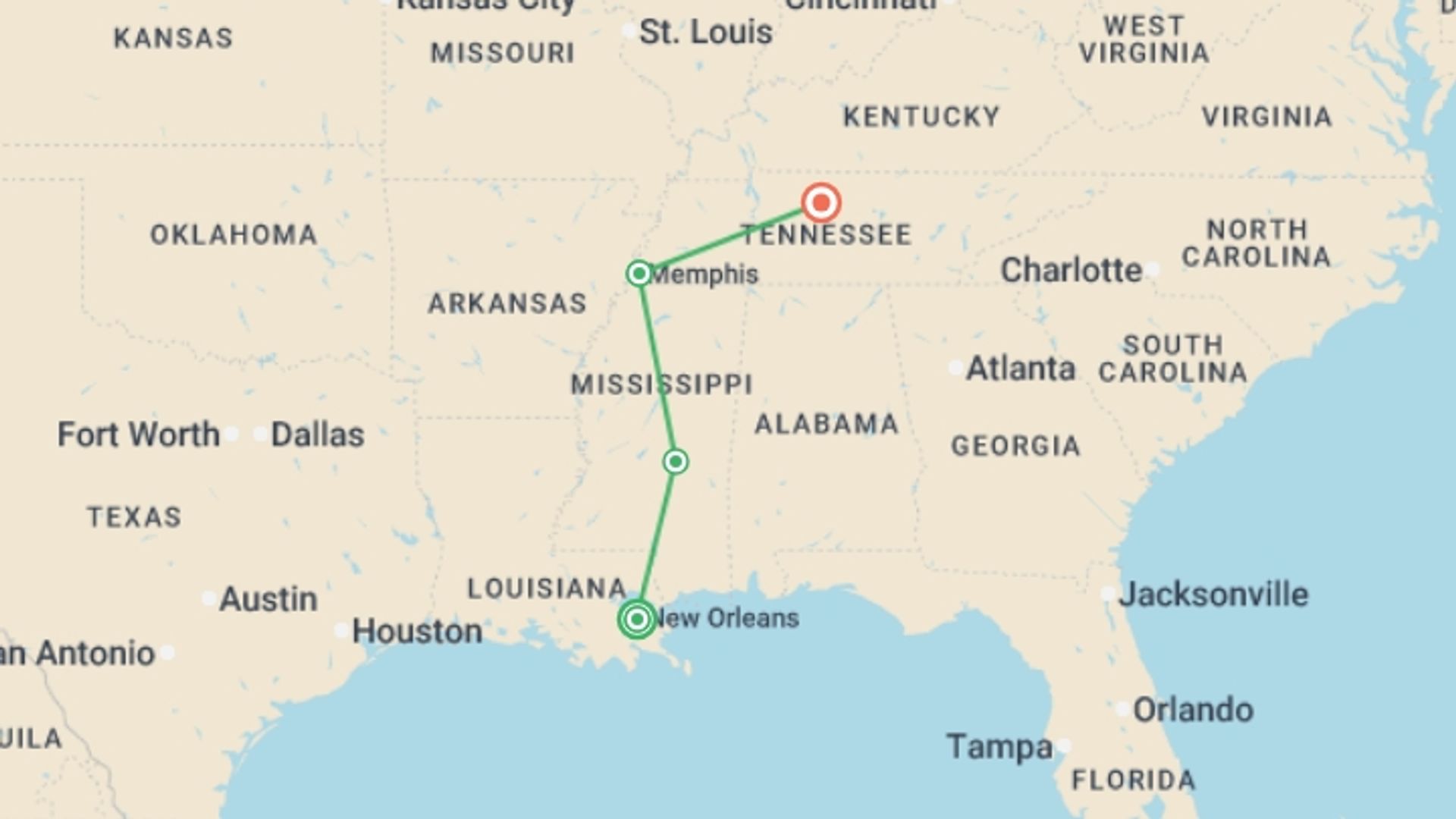 A map showing the tour itinerary for the trip: America's Music Cities featuring New Orleans, Memphis & Nashville, starting in New Orleans, USA and ending in Nashville, USA going through 2 other destinations.