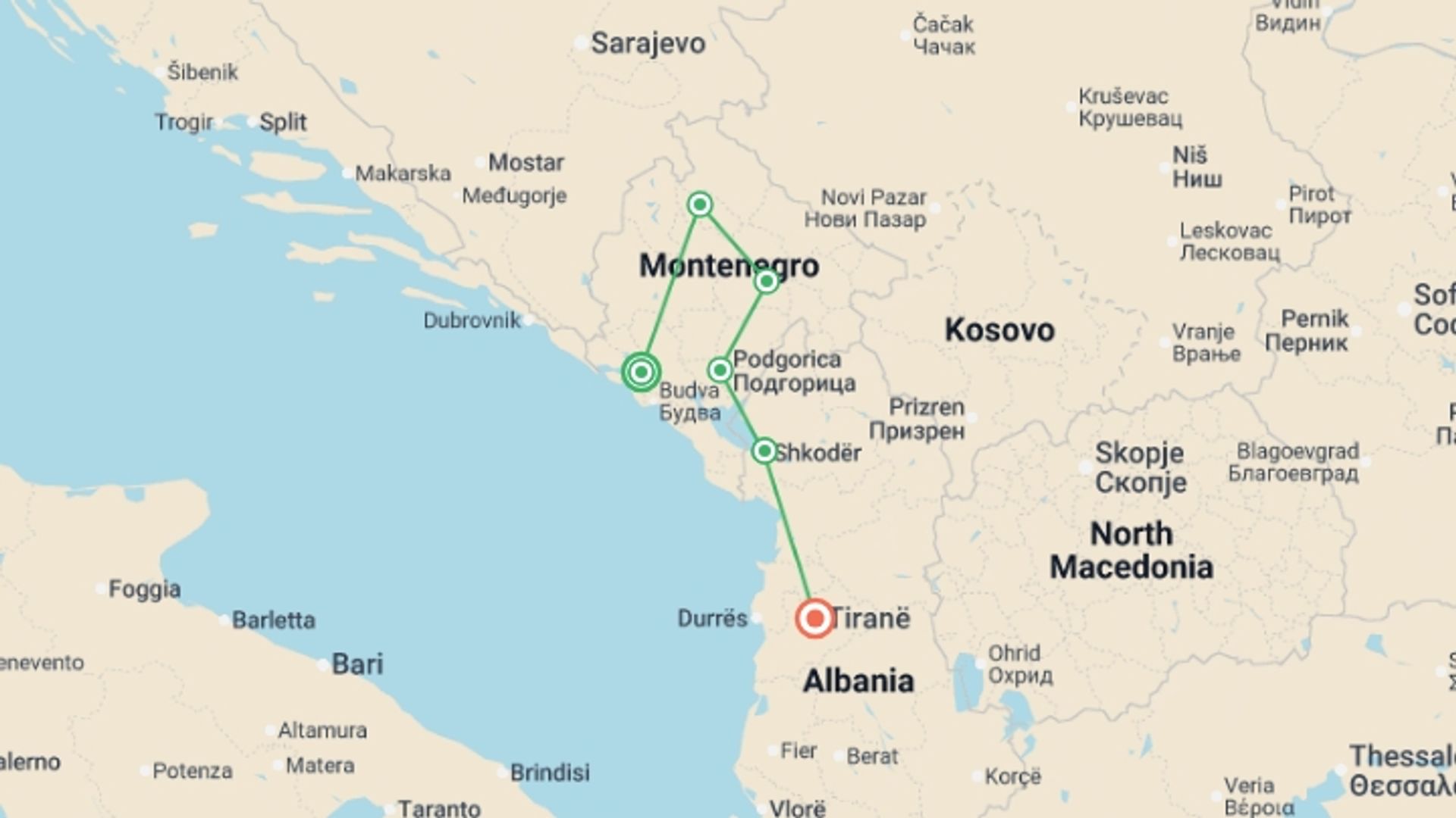 A map showing the tour itinerary for the trip: Highlights of Montenegro, starting in Kotor, Montenegro and ending in Tirana, Albania going through 4 other destinations.
