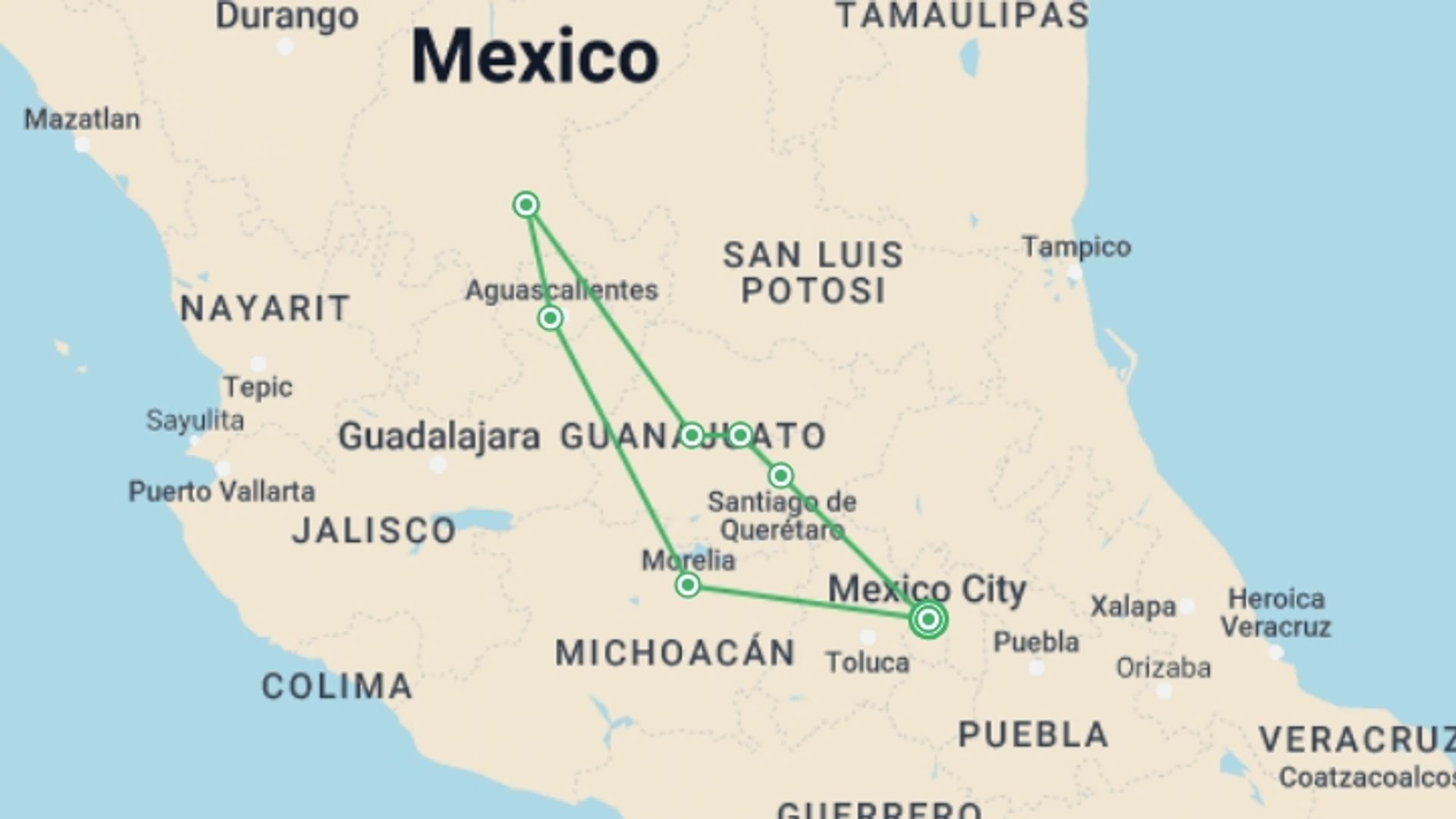 A map showing the tour itinerary for the trip: Colonial Tour: Travel La Ruta De La Plata Around Picturesque Towns (9 Days), starting in Mexico City, Mexico and ending in Mexico City, Mexico going through 5 other destinations.
