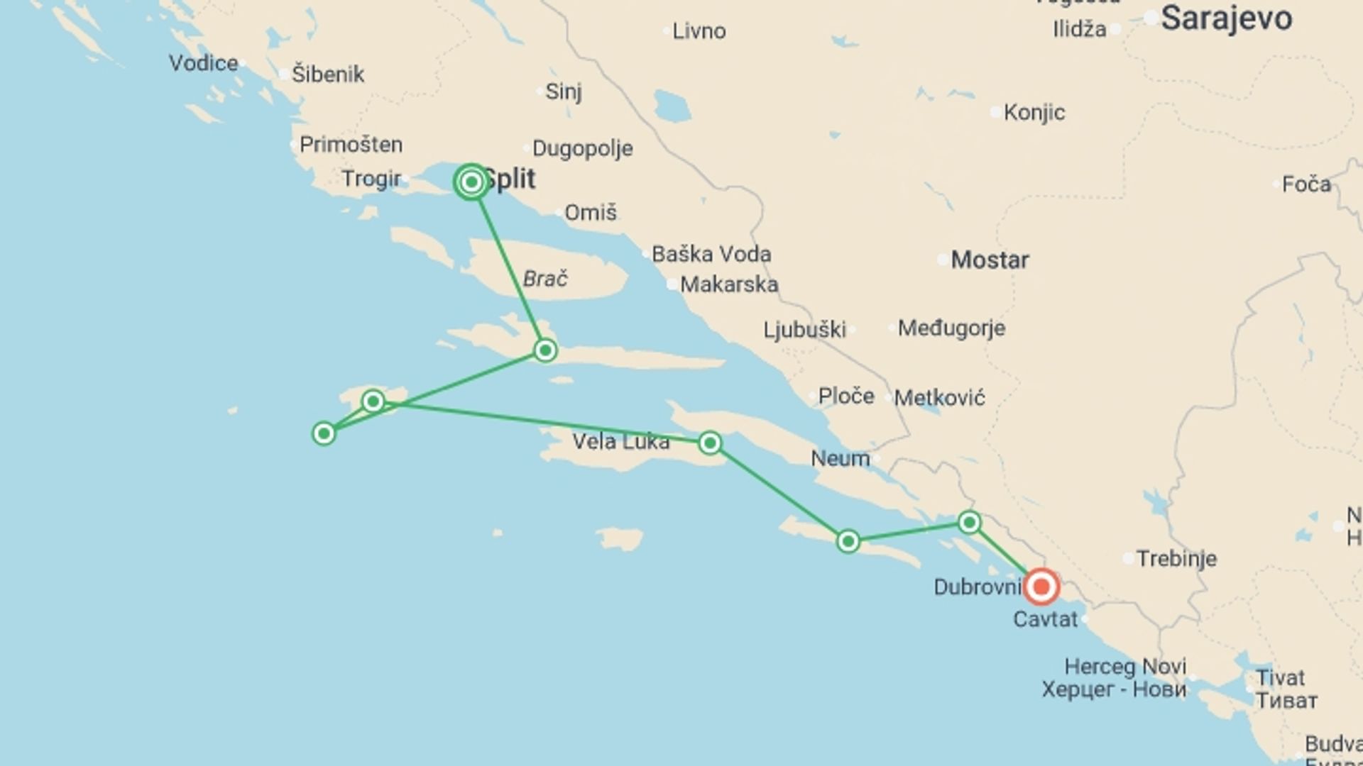 A map showing the tour itinerary for the trip: Jewels of the Adriatic from Split - 8 Days, starting in Split, Croatia and ending in Dubrovnik, Croatia going through 5 other destinations.