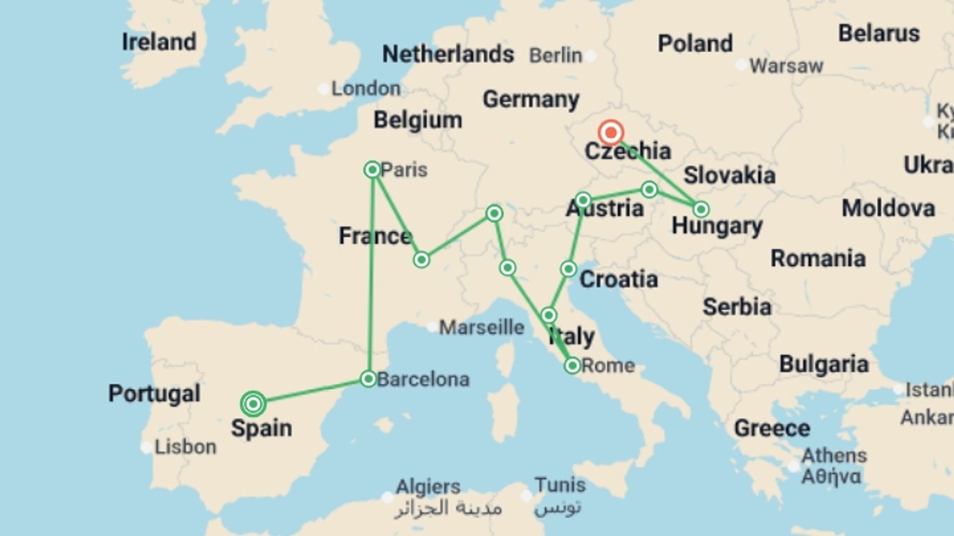 A map showing the tour itinerary for the trip: The Big Four GO, starting in Madrid, Spain and ending in Prague, Czech Republic going through 11 other destinations.