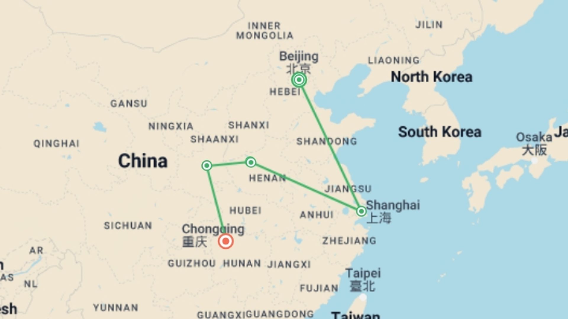 A map showing the tour itinerary for the trip: Authentic China and Avatar Dreams, starting in Beijing, China and ending in Zhangjiajie, China going through 3 other destinations.